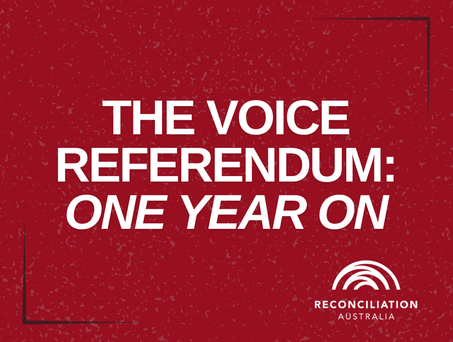 White text on a red background. The text reads: The Voice Referendum: One Year On. There is a Reconciliation Australia five-arches logo in the bottom right.