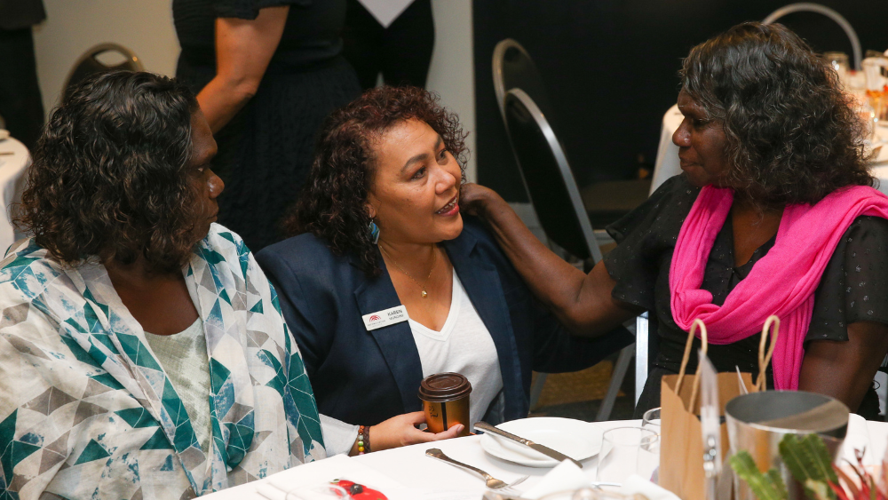 Reconciliation Australia CEO Karen Mundine with 2024 Senior Australian of the Year Yalmay Yunupiŋu