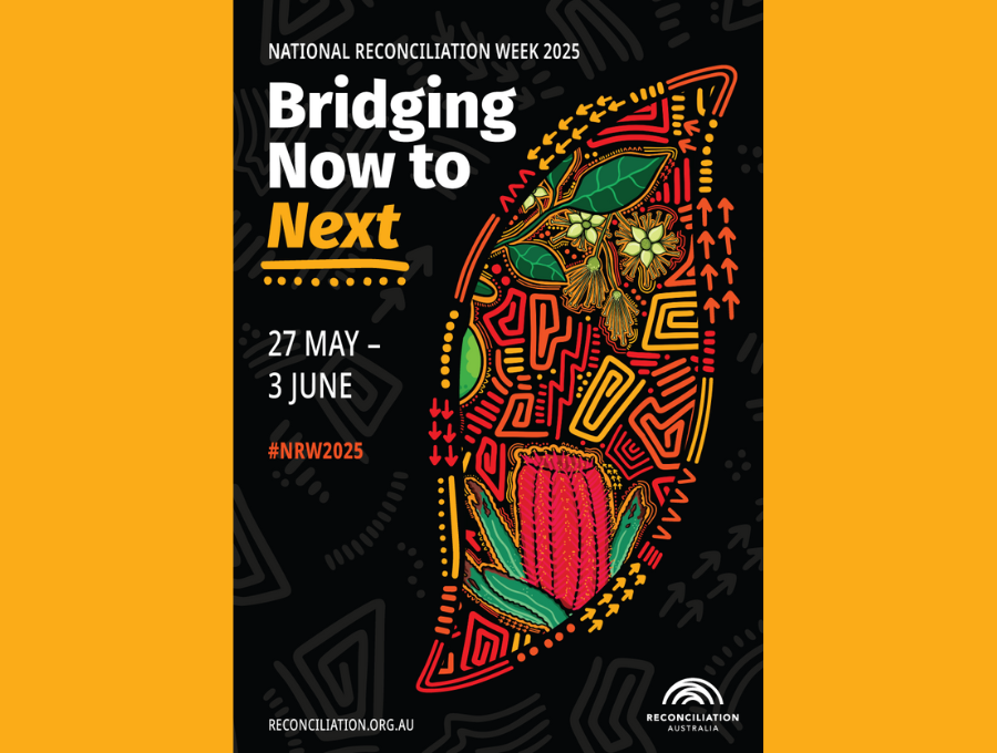 Black NRW 2025 poster that reads 'Bridging Now to Next' on an orange background.